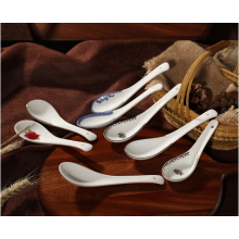 White Porcelain Blue Patterned Asian Soup Spoons.